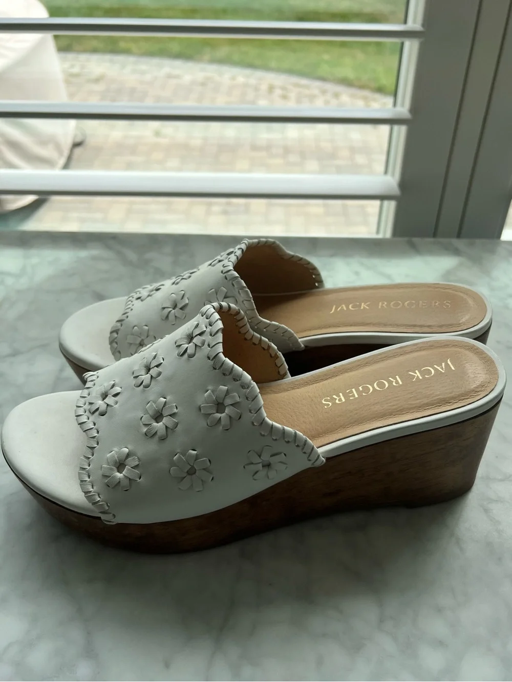 Jack Rogers White Leather Floral Platform Slides
